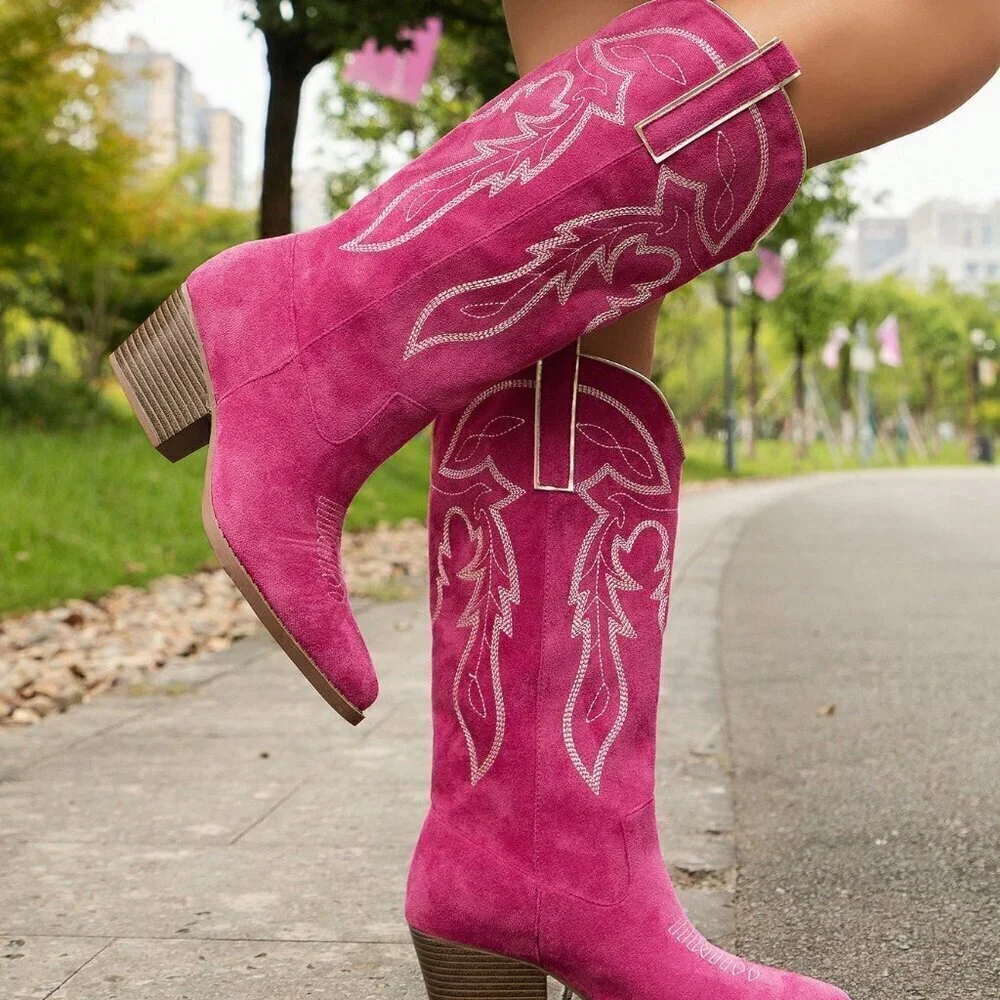Hot Pink Western Women's Wedge Heel Embroidered Metallic Sequin High Boots